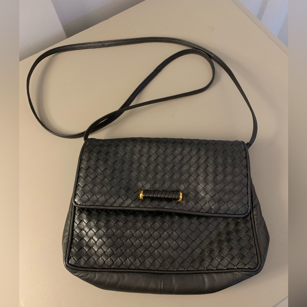 Vintage Ganson Y2K 90s Charcoal Woven Leather Handbag Crossbody Dark Gray Black